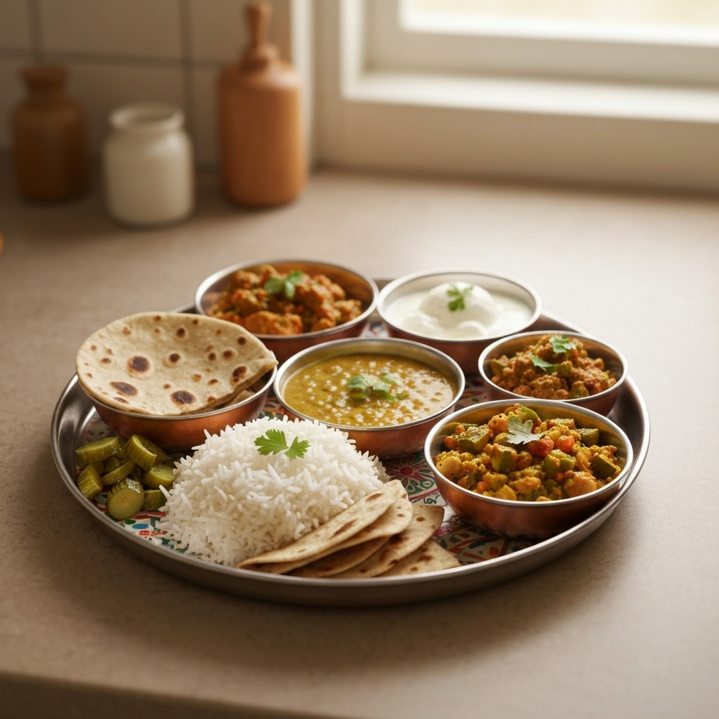 Indian thali with rice, roti, dal, and sabji